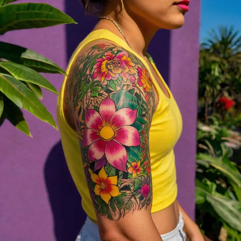 Colorful floral tattoo sleeve featuring large pink and yellow flowers with green leaves, creating a vibrant tropical theme.