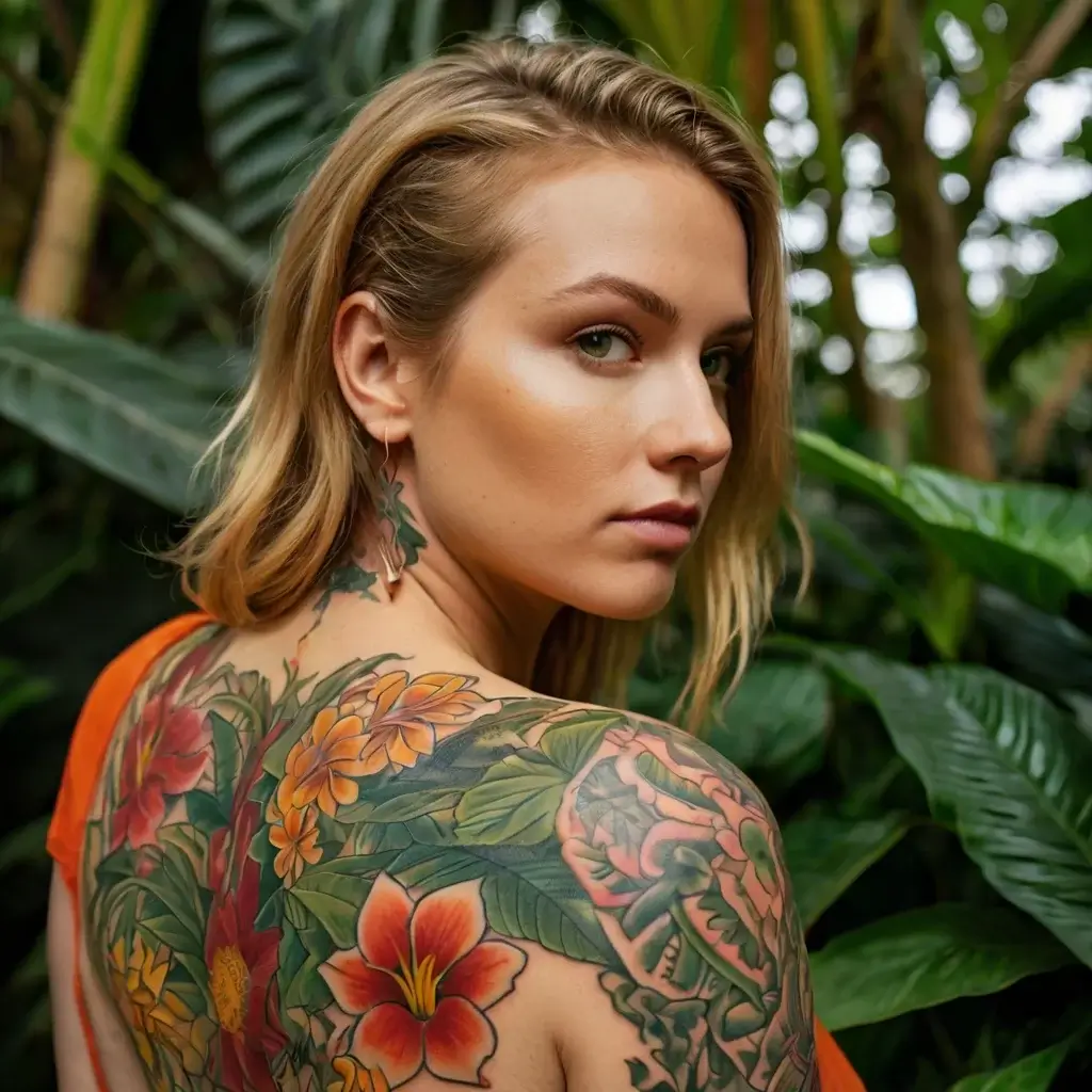 A vibrant back tattoo features tropical flowers with lush green leaves and intricate snake designs, adding an exotic flair.