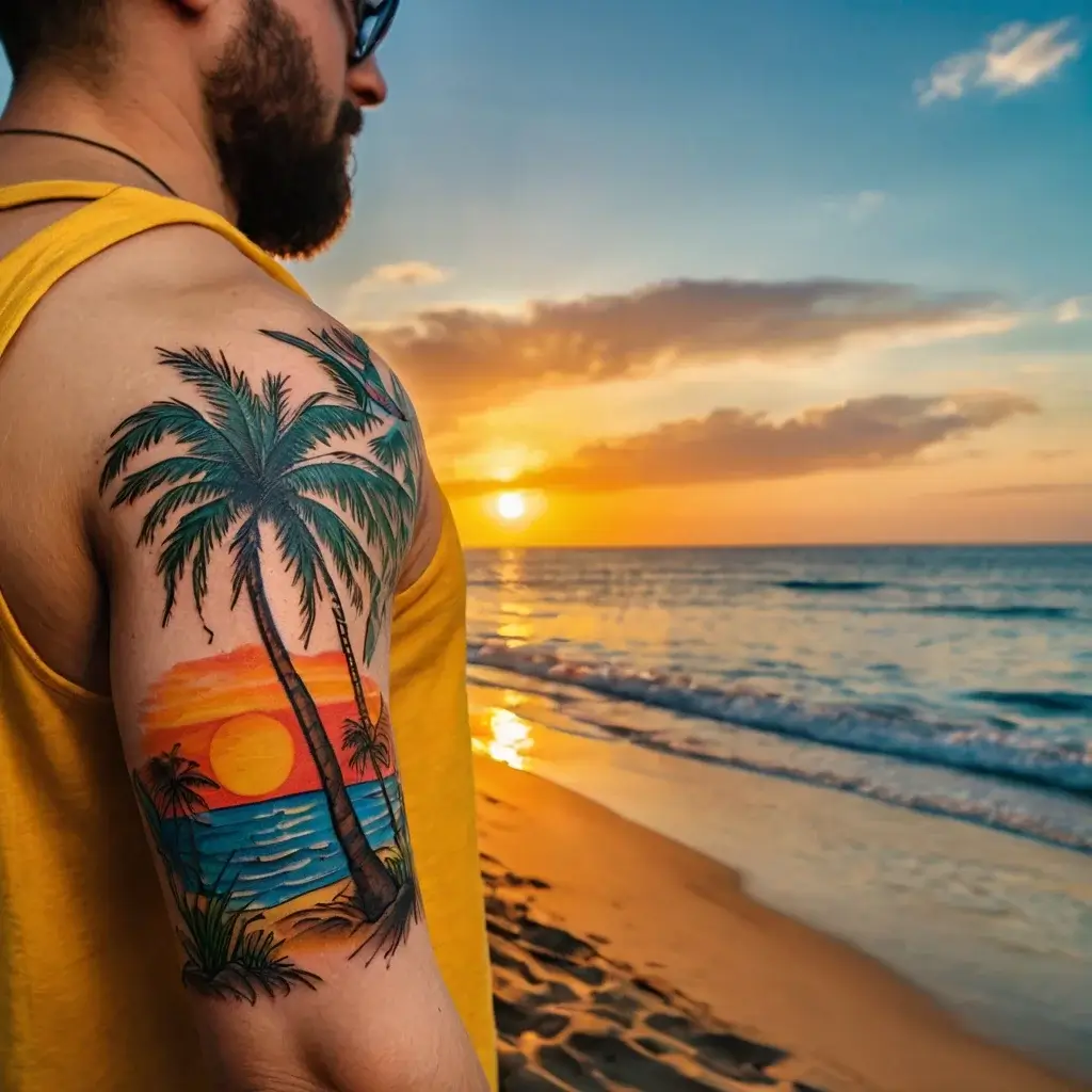 Beach sunset tattoo with palm trees, vibrant orange sky, setting sun, and waves on the upper arm, capturing island vibes.