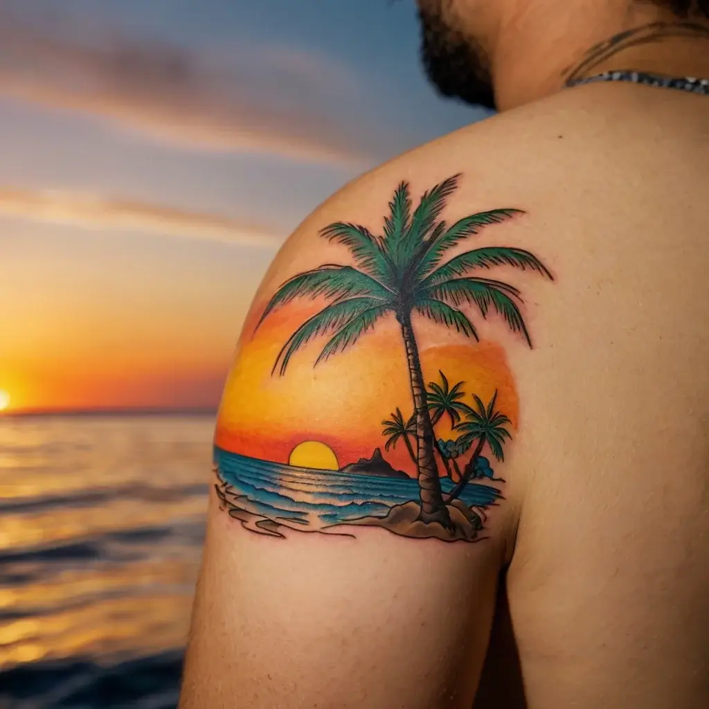 Tattoo of a tropical sunset with vibrant orange sky, palm trees, ocean waves, and a distant island on the upper arm.