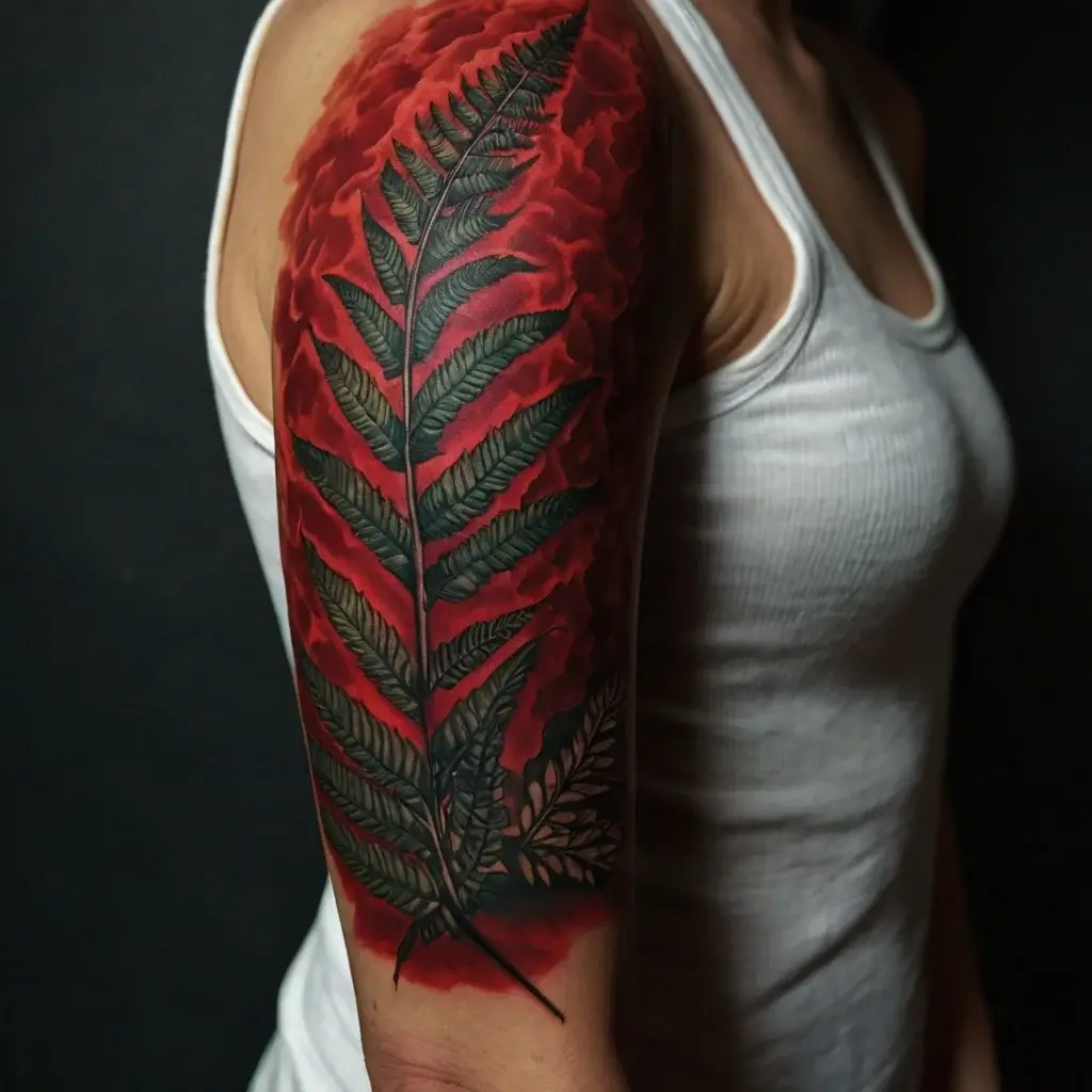 A vibrant green fern tattoo with detailed leaves on the arm, set against a fiery red textured background for contrast.