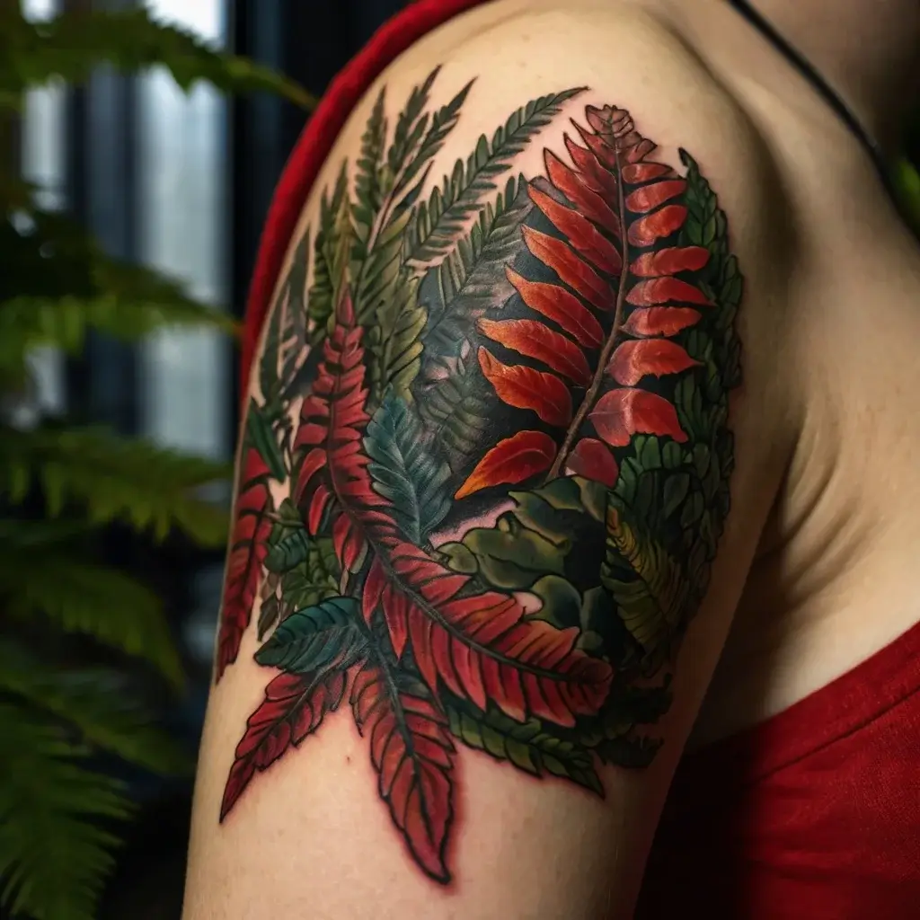 Tattoo of vibrant red and green fern leaves intricately intertwined, covering the upper arm with detailed shading.