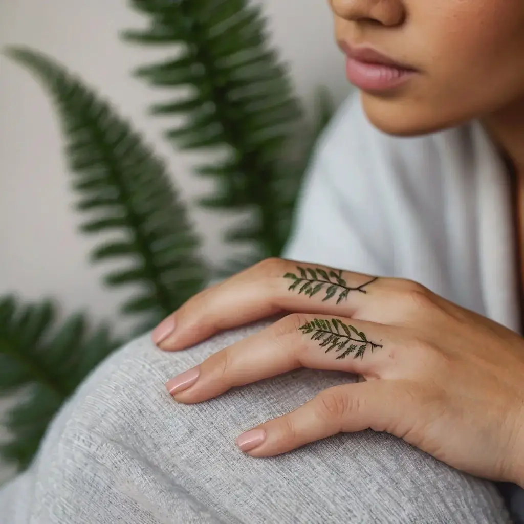 Intricate fern tattoo wraps delicately around the fingers, reflecting nature's elegance and serenity.