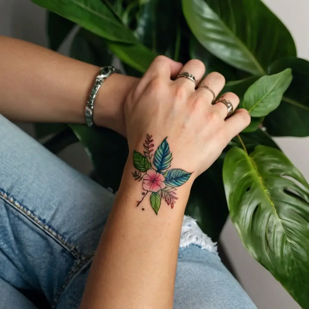 Colorful floral tattoo on the hand with a central pink flower, surrounded by green and blue leaves, and red accents.