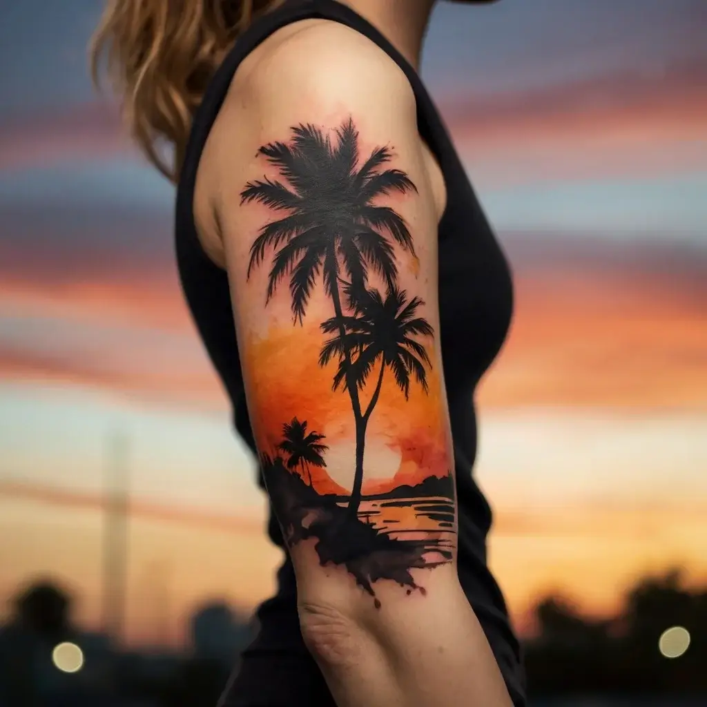 Tattoo of silhouettes of palm trees against a vibrant sunset, blending shades of orange and black on the upper arm.