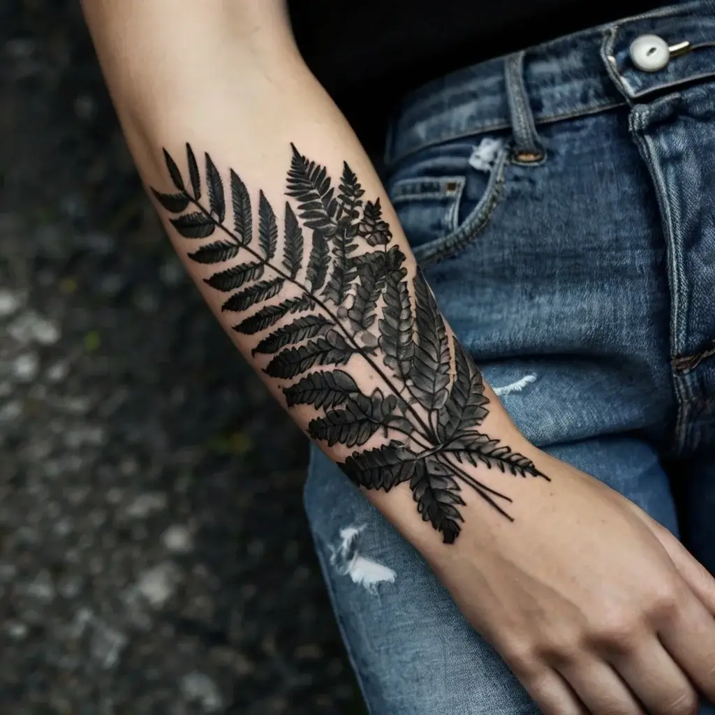 Black ink fern tattoo on forearm, intricately detailed with overlapping leaves, symbolizing growth and resilience.