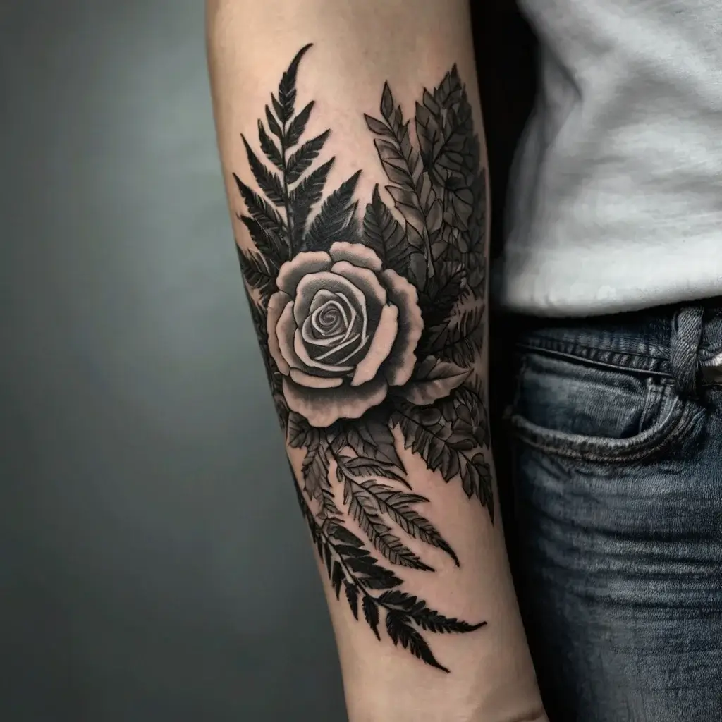 Forearm tattoo of a detailed black and gray rose with intricate fern and leaf accents surrounding it.