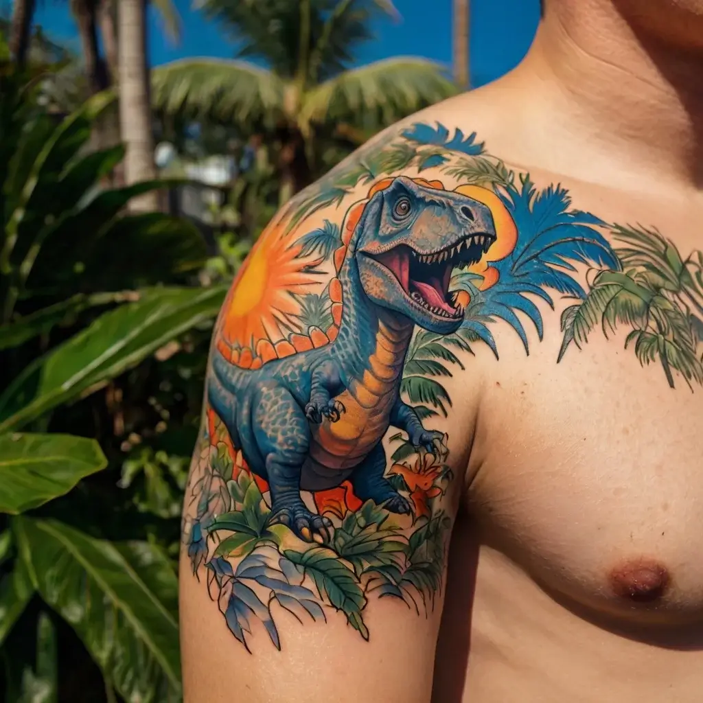 Vibrant tattoo of a roaring blue dinosaur amidst lush greenery, with a radiant sun in the background on the shoulder.