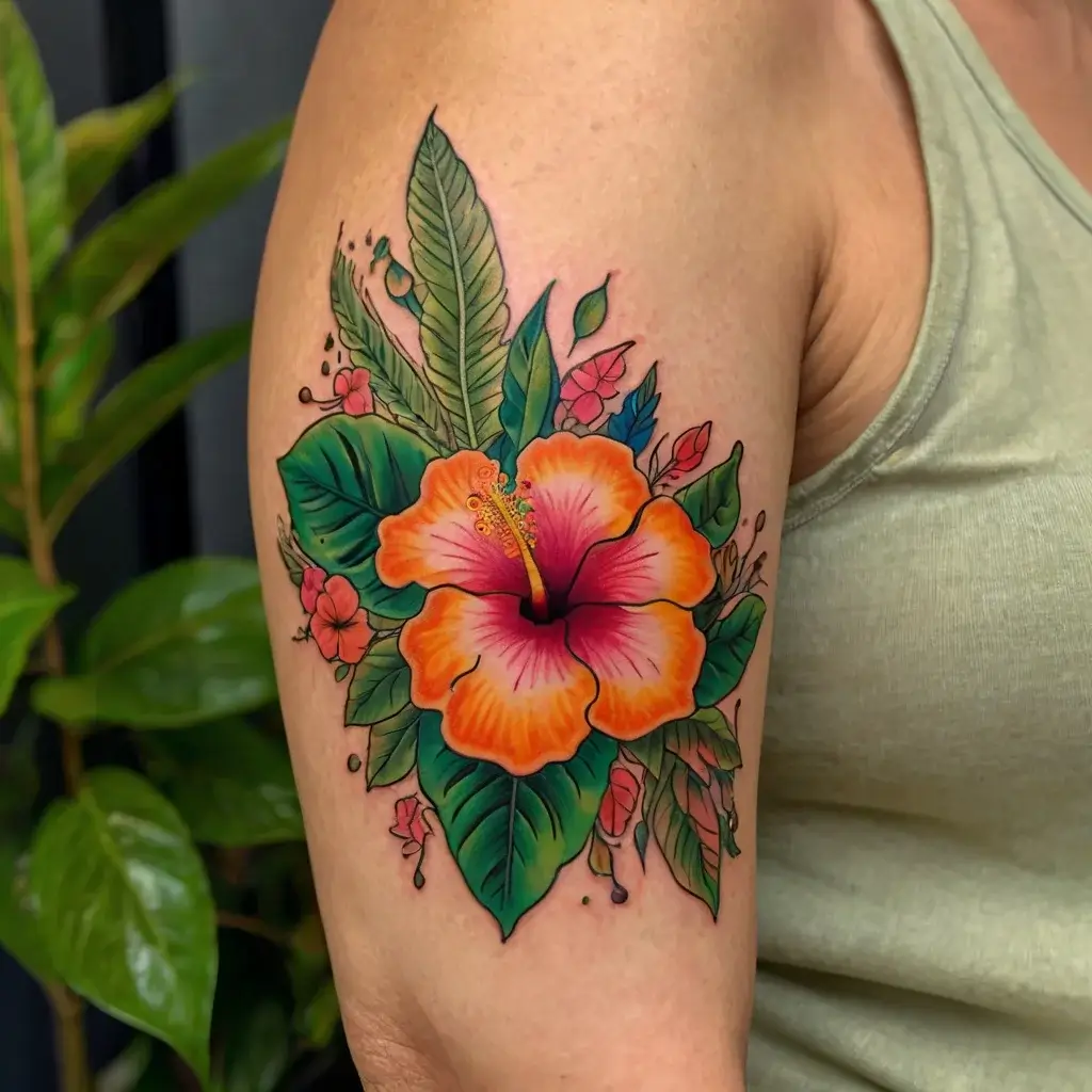 Vibrant tattoo of an orange hibiscus with green leaves and pink buds on an upper arm, showcasing tropical elegance.