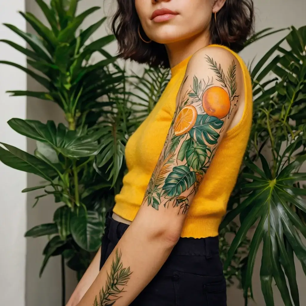 A vibrant tattoo of oranges and lush green leaves on an arm, blending nature's beauty with detailed botanical artistry.