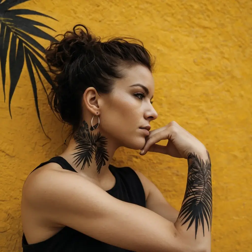 Tattoo with bold black palm leaves on the forearm and neck, creating a tropical, harmonious flow on the skin.