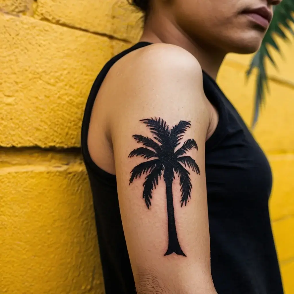 Black silhouette tattoo of a palm tree on upper arm, symbolizing tropical vibes and relaxation against a yellow background.