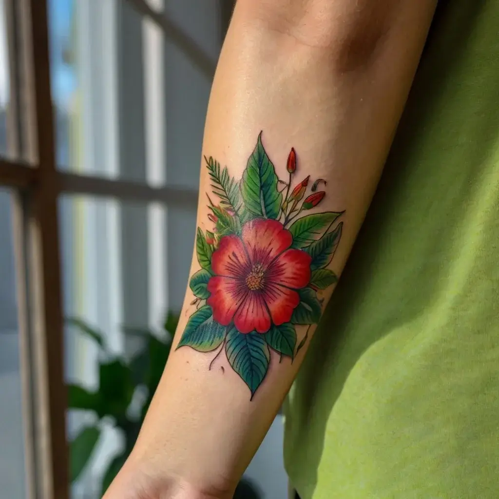 A vibrant red flower tattoo with green leaves and small buds, emphasizing nature's beauty and growth on the forearm.