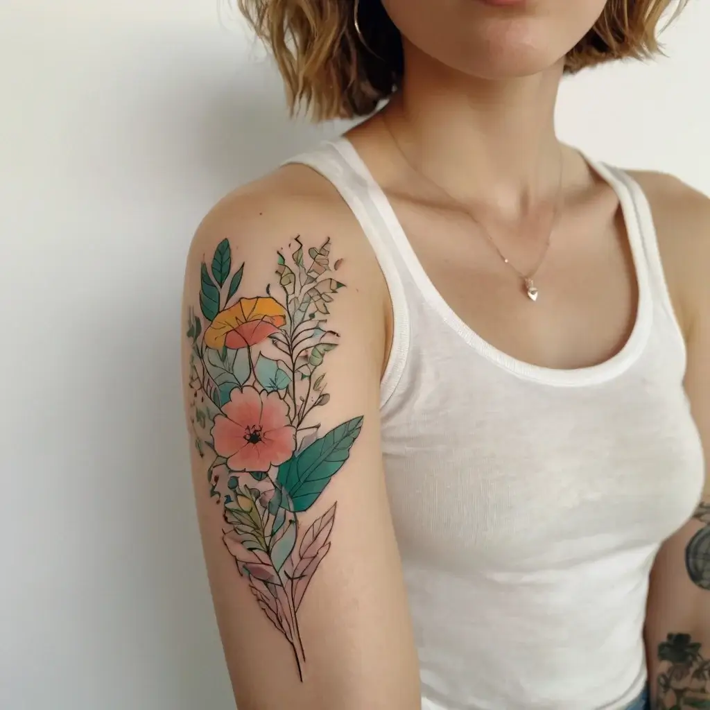 Colorful floral tattoo featuring pink, orange, and yellow flowers with green leaves on upper arm, delicate style.