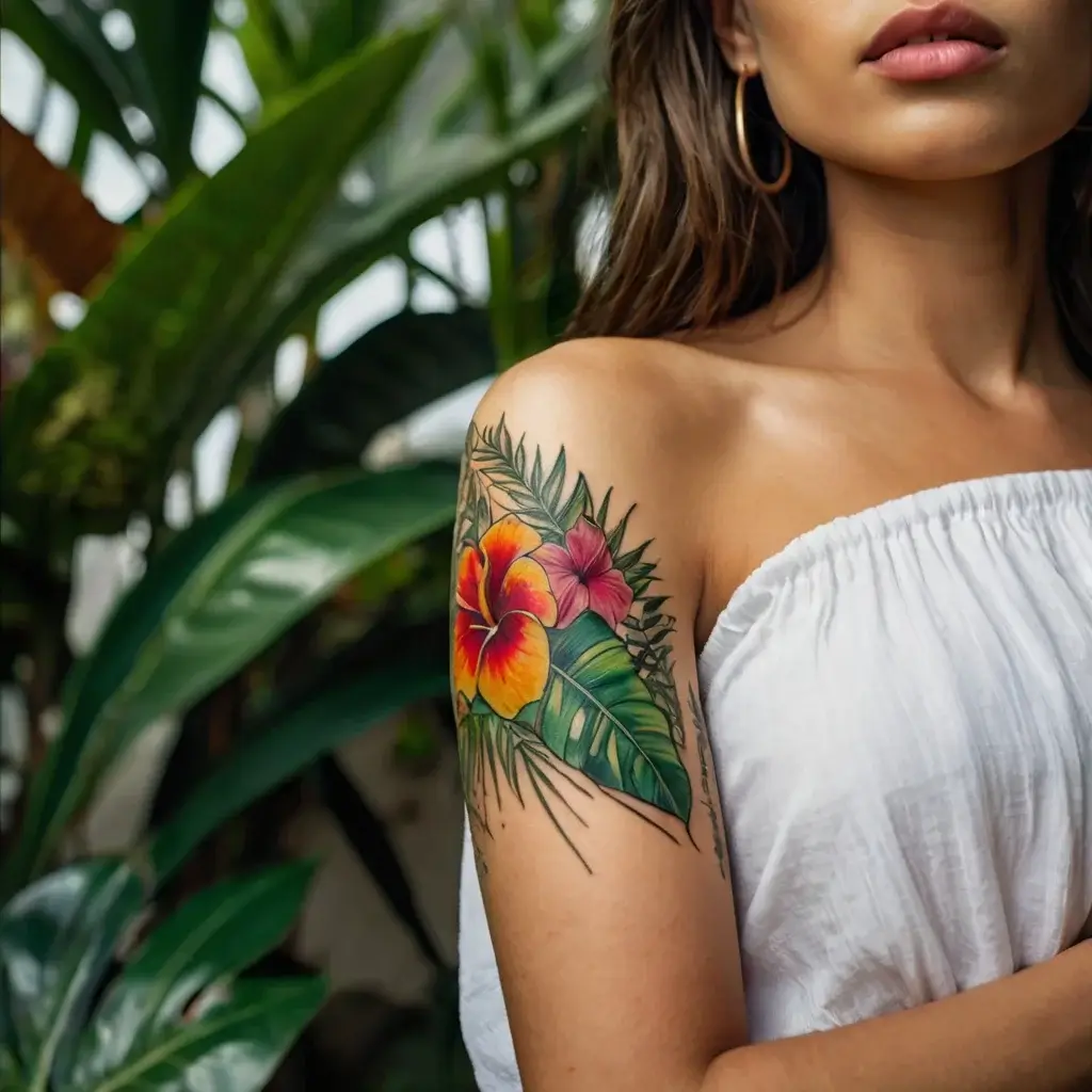 Vibrant tattoo on shoulder featuring a red and yellow hibiscus, pink flower, and green foliage, blending nature and artistry.