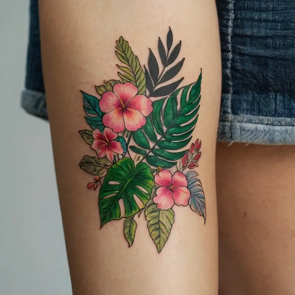 Vibrant floral tattoo with pink hibiscus and green tropical leaves on thigh, elegantly detailed for a natural look.