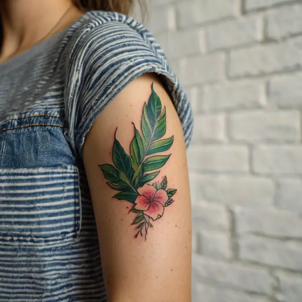 A vibrant tattoo of a pink hibiscus and green tropical leaves on an arm, showcasing a natural, colorful botanical design.