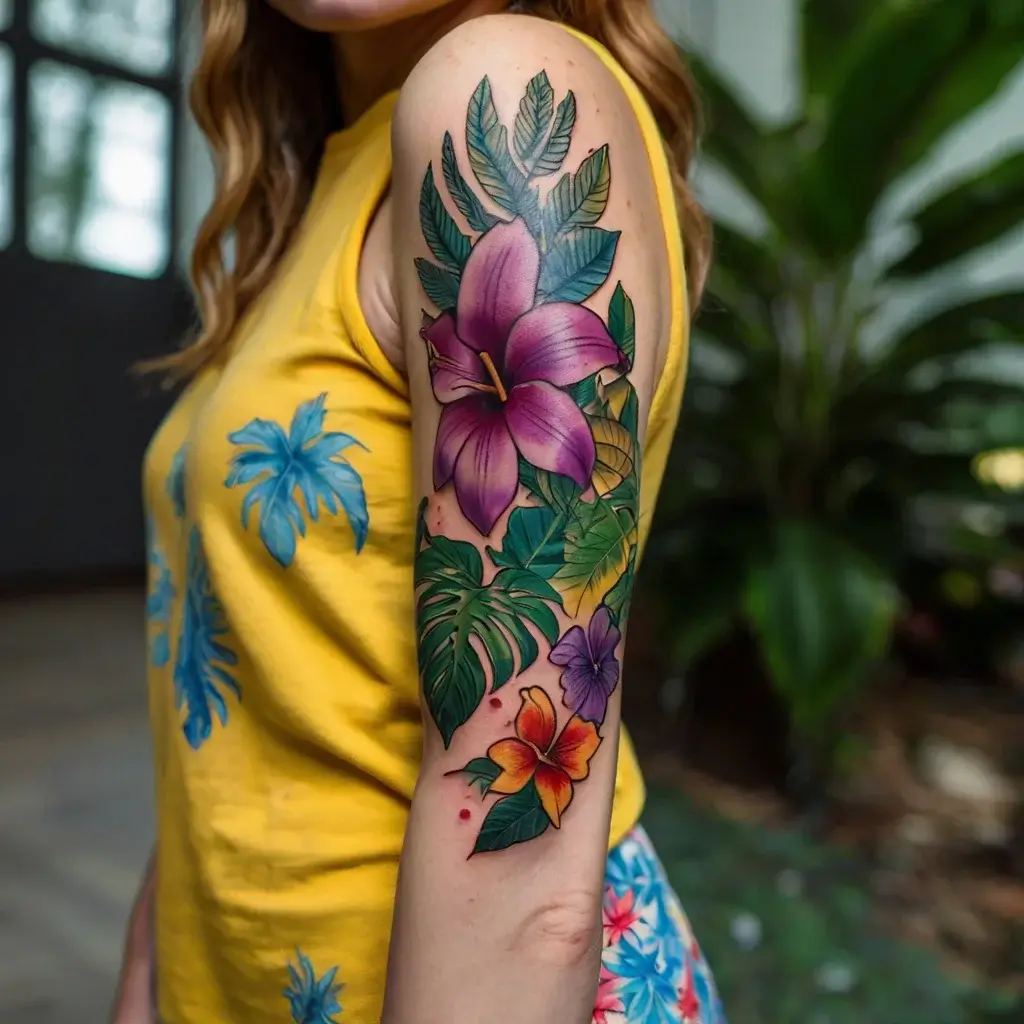 Colorful floral tattoo with lilies and tropical leaves on the upper arm, showcasing vibrant purple, green, and orange hues.