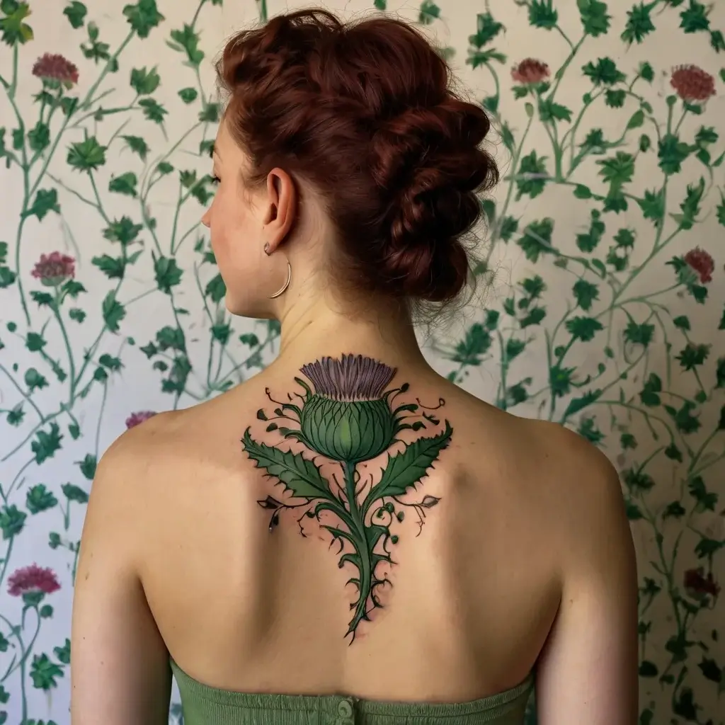 Back tattoo of a vibrant thistle with green leaves and a purple bloom, echoing the wall's floral pattern.