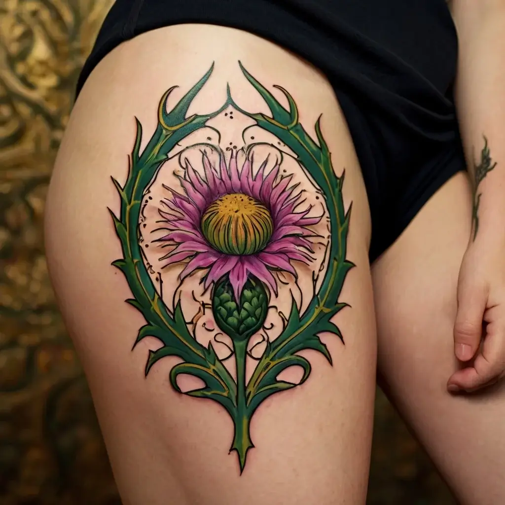 Tattoo of a vibrant thistle with a blooming purple flower and green leaves, symbolizing strength and resilience, on the thigh.