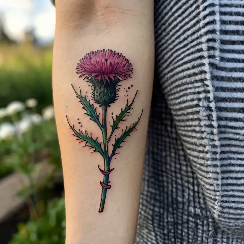 Tattoo of a detailed thistle on arm, with pink petals and green spiky leaves, symbolizing strength and resilience.