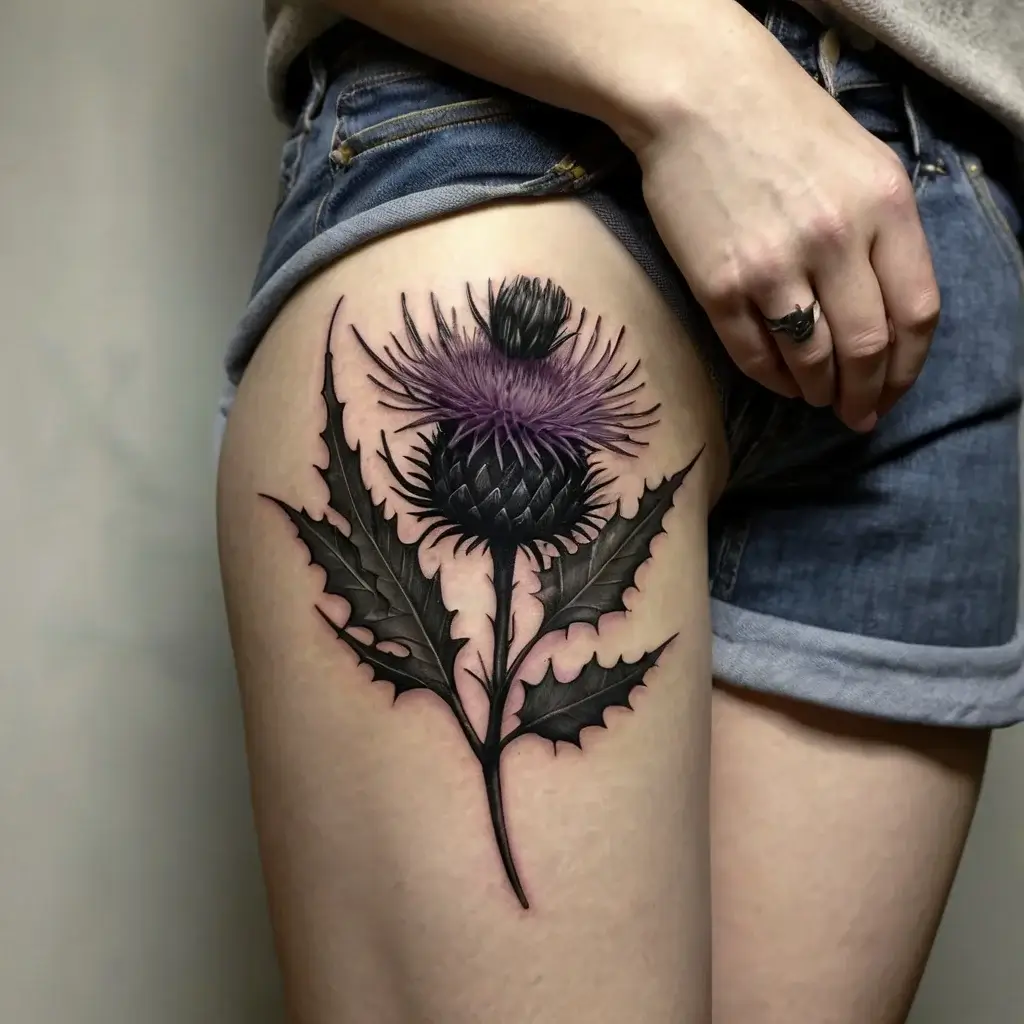 Thistle tattoo on thigh with purple bloom and dark leaves, showcasing bold lines and shading for a striking design.