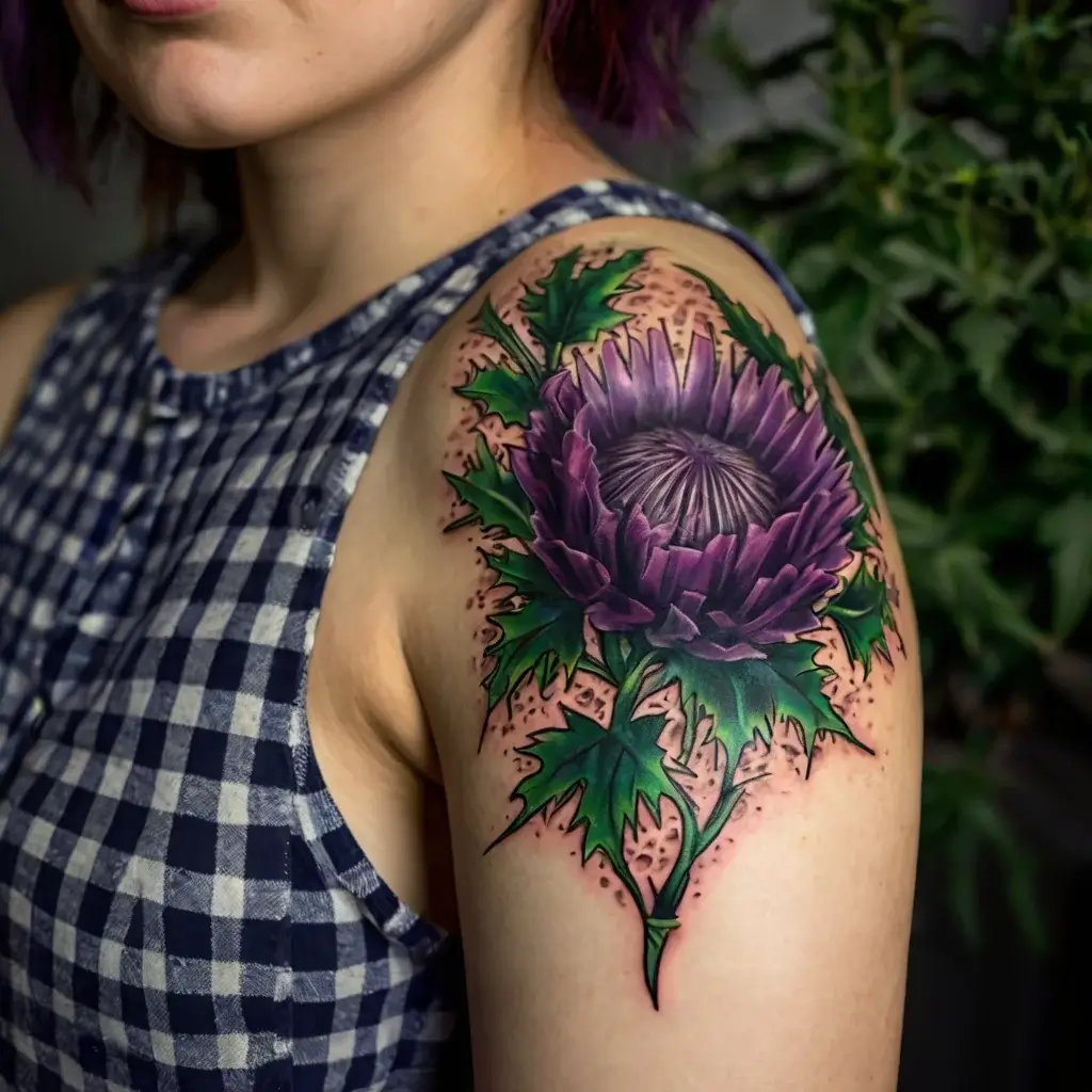 Vibrant purple thistle tattoo with sharp green leaves on upper arm, featuring soft shading and bold outlines.