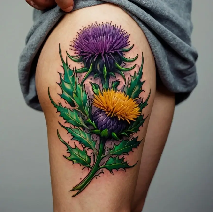 Tattoo of vibrant purple thistle flowers with spiky green leaves on a leg, symbolizing strength and unity.