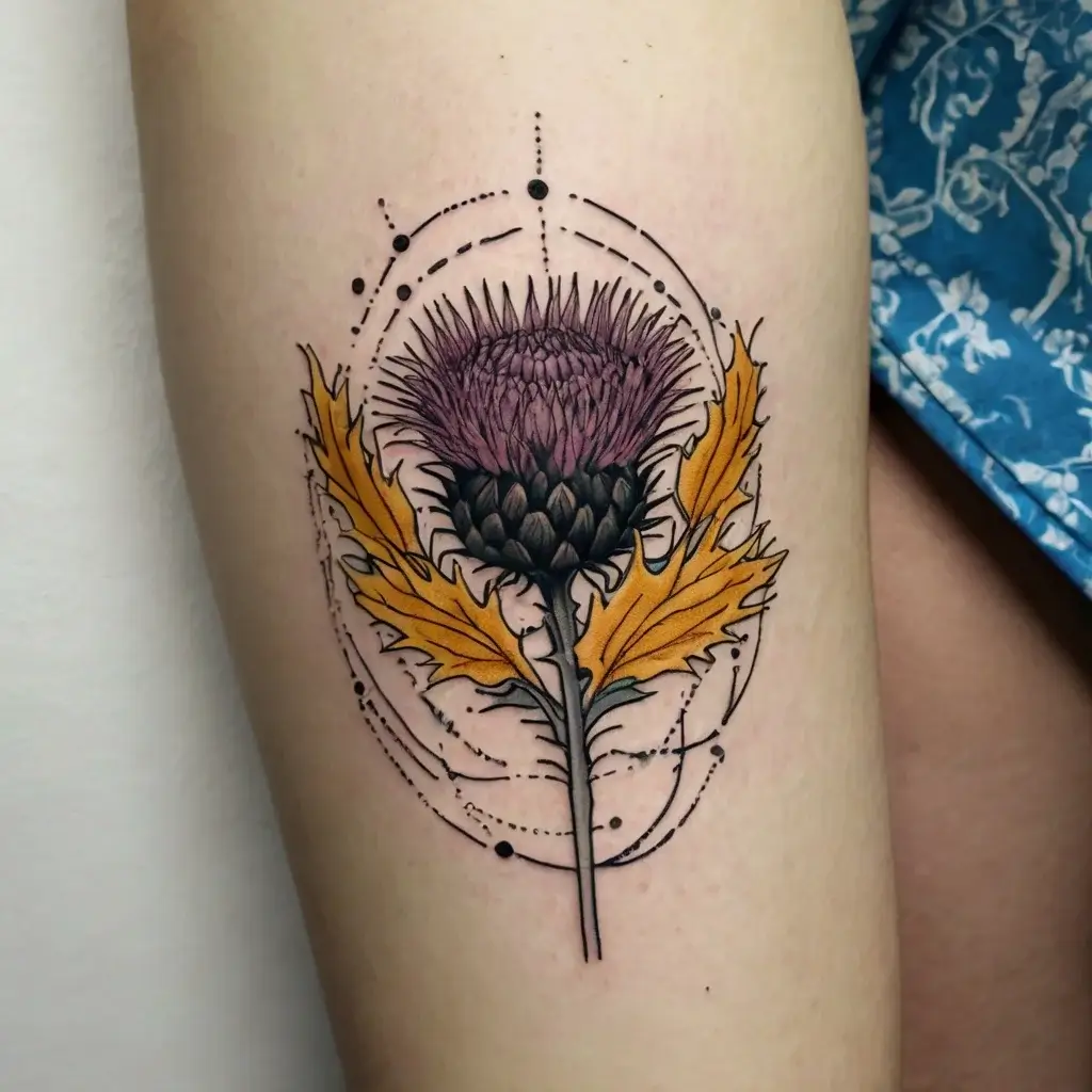 A thistle tattoo with purple bloom and golden leaves, accented by dotted geometric patterns, symbolizing resilience.