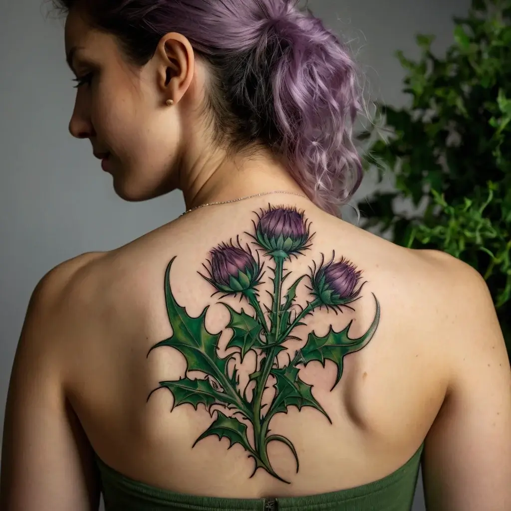 A vibrant thistle tattoo on the upper back, with purple blooms and detailed green leaves, symbolizing resilience and strength.