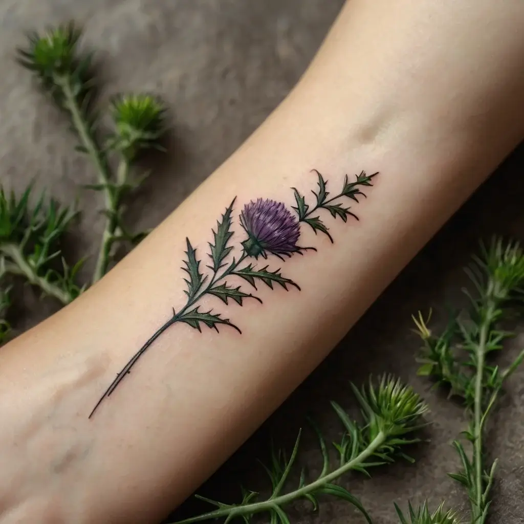 Tattoo of a detailed purple thistle with spiky green leaves on the forearm, symbolizing strength and resilience.