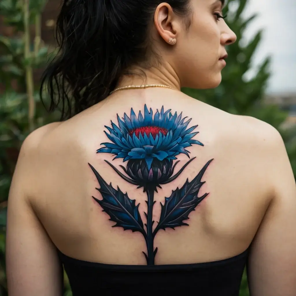 Tattoo of a vibrant blue thistle with detailed leaves and a red center, placed on the upper back, showcasing intricate shading.