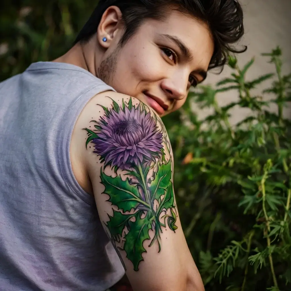 Tattoo of a vibrant purple thistle with lush green leaves, elegantly inked on the upper arm, showcasing intricate detailing.