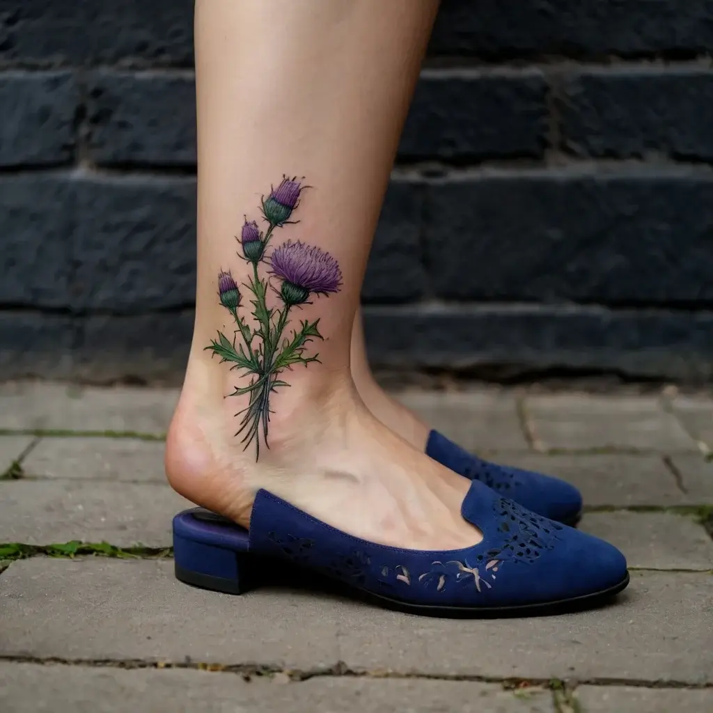 Tattoo of a thistle plant on the ankle, featuring vibrant purple flowers and intricate green leaves, symbolizing resilience.