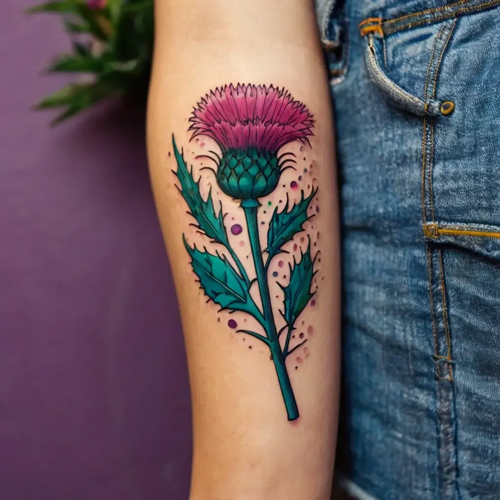 Tattoo of a vibrant purple thistle with green leaves on the forearm, detailed shading and bold outlines enhance realism.