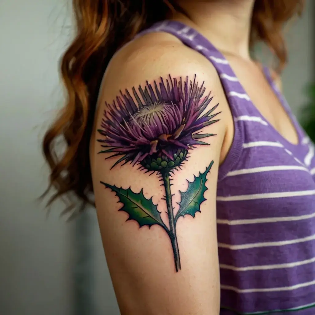 Tattoo depicting a vibrant purple thistle with detailed green leaves, elegantly inked on the upper arm.