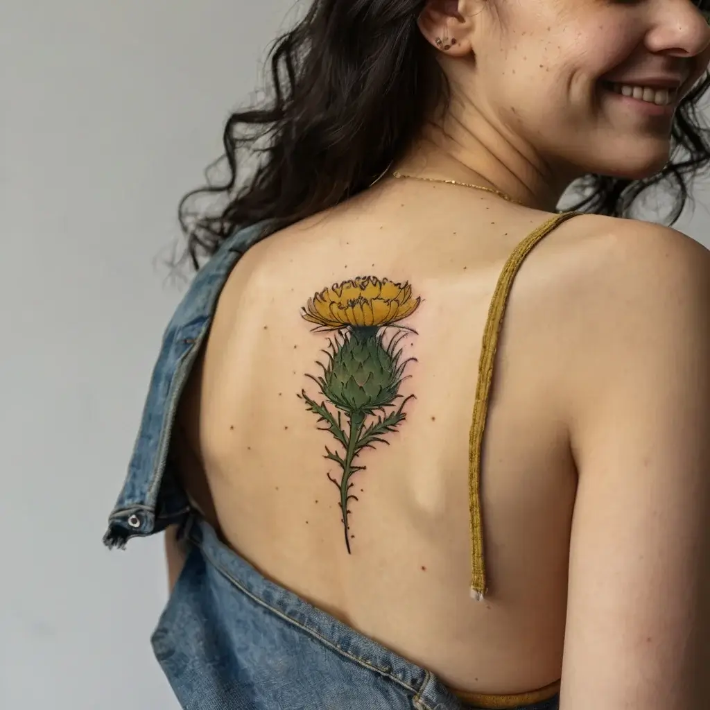 Illustrative tattoo of a yellow thistle with green leaves on shoulder blade, symbolizing resilience and strength.