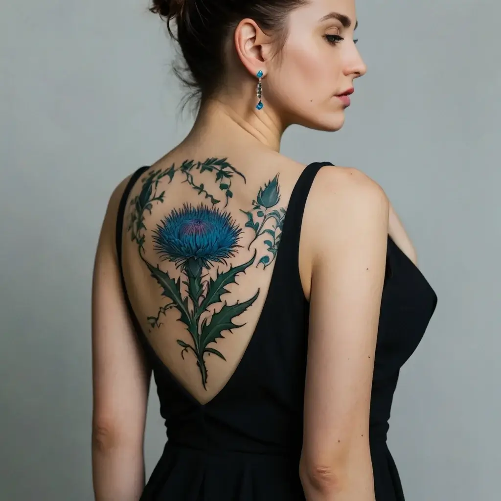 A detailed thistle tattoo covers the back, featuring intricate blue petals and sharp green leaves, symbolizing resilience.