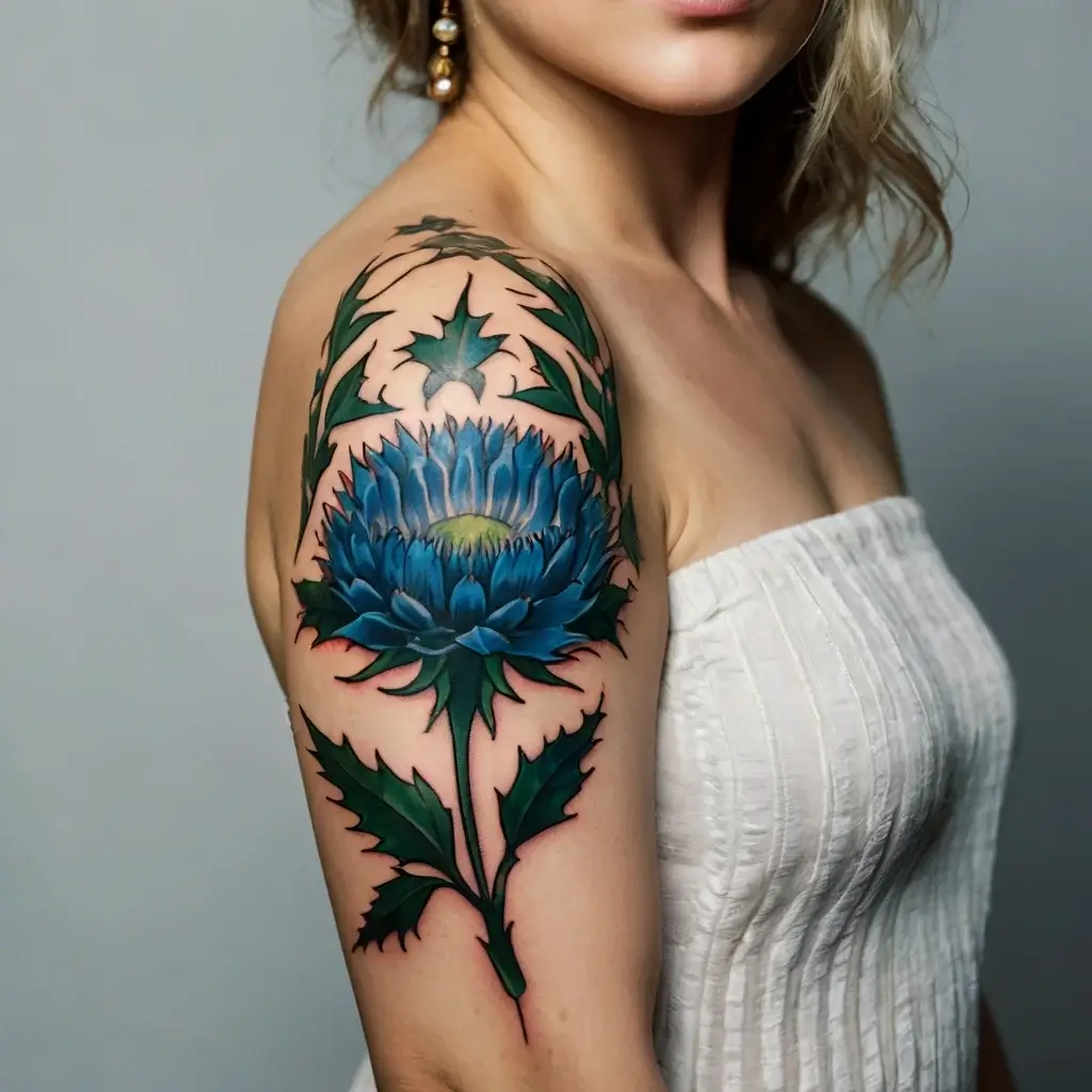 Bold blue chrysanthemum tattoo on upper arm, with green leaves and stems, showcasing vibrant colors and intricate details.