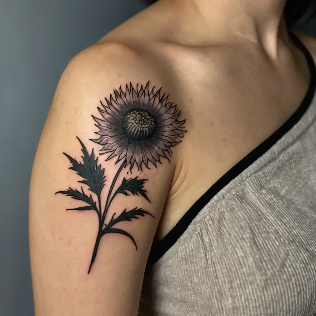 Black and gray thistle tattoo on the upper arm, featuring detailed petals, sharp leaves, and bold shading.