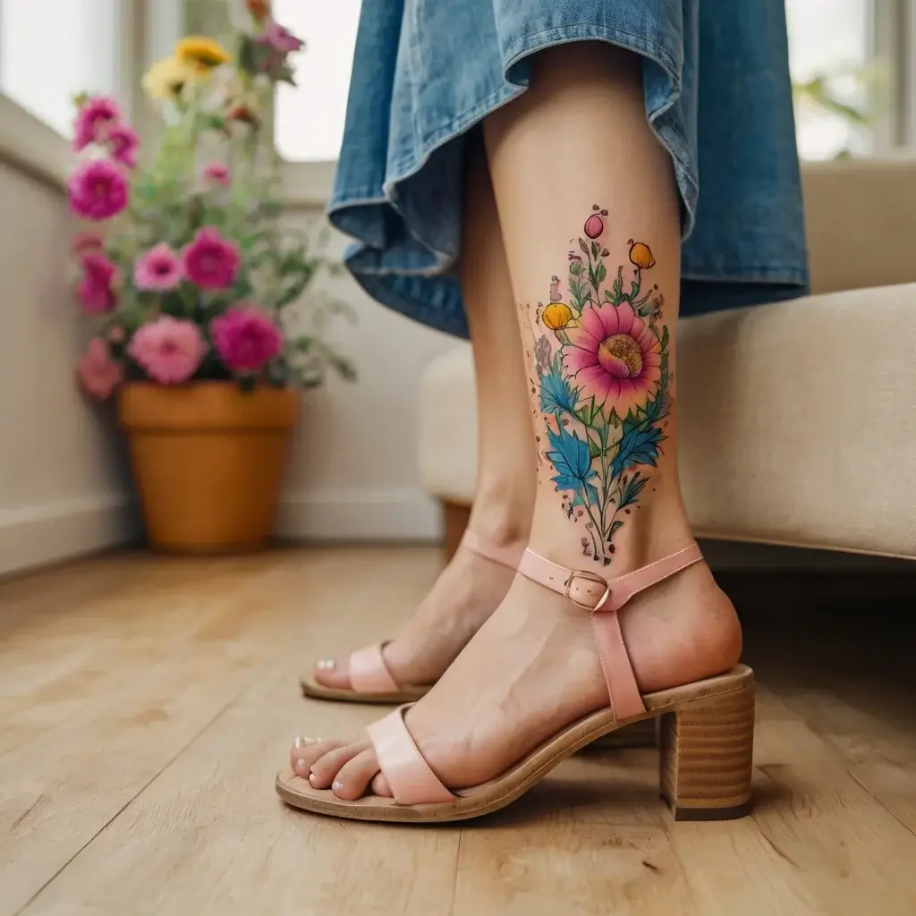 Colorful floral tattoo on an ankle, featuring pink and yellow blossoms with green leaves, styled in a delicate arrangement.