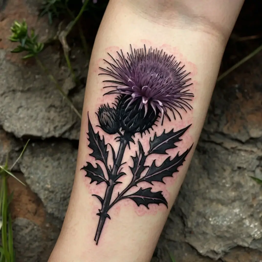 Intricate tattoo of a thistle with sharp leaves and a vibrant purple bloom, symbolizing resilience and pride.