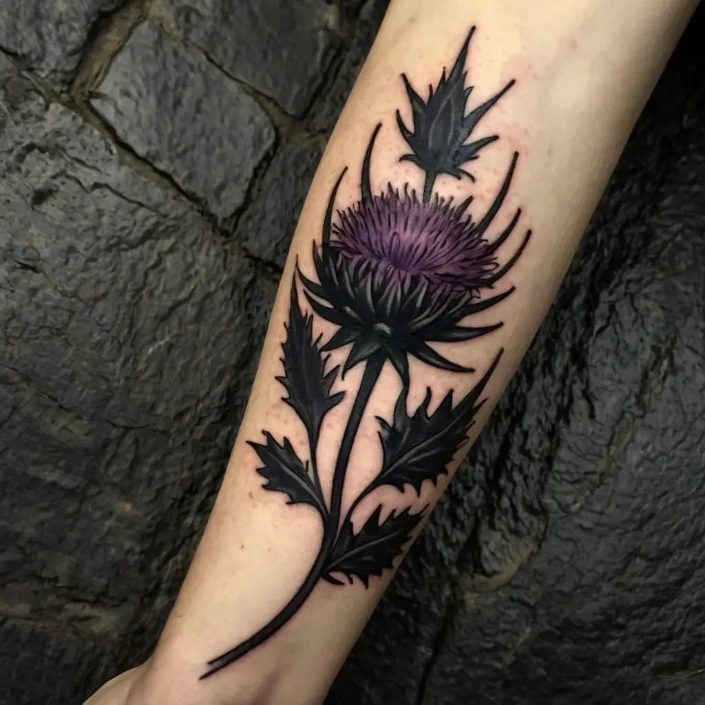 Tattoo of a detailed thistle with purple bloom and sharp leaves on forearm, set against a textured dark background.