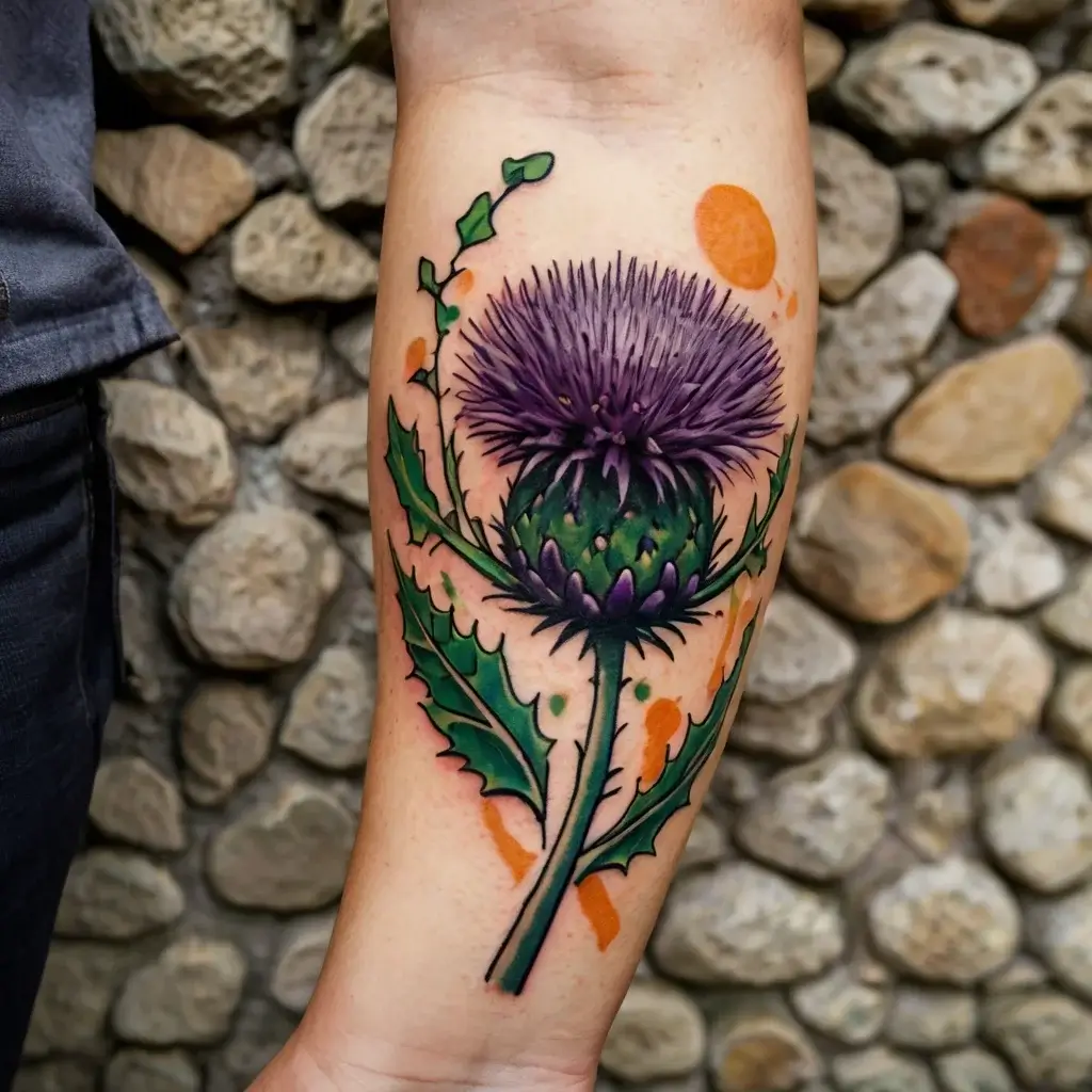 Tattoo depicting a vibrant purple thistle with detailed green leaves, accented with orange splashes on the forearm.