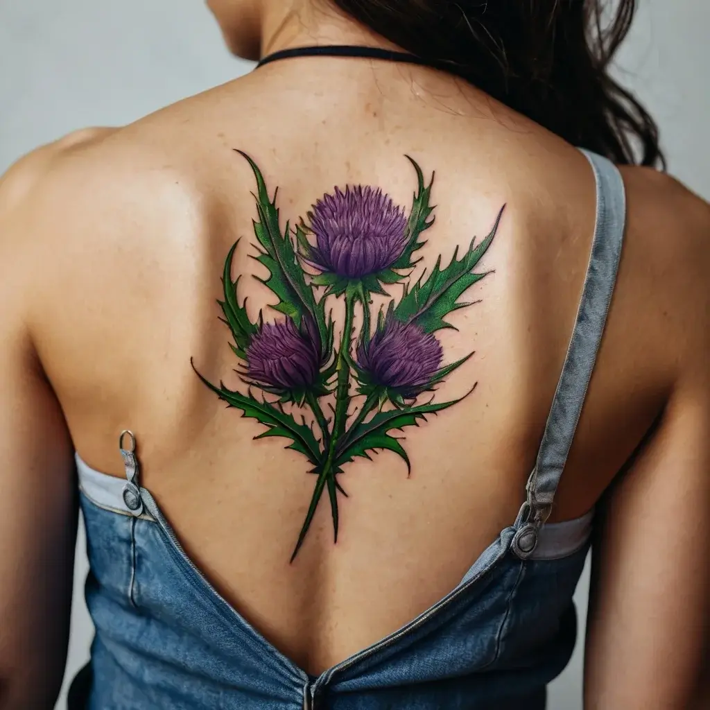 Tattoo of vibrant purple thistle flowers with green leaves on upper back, symbolizing strength and Scottish heritage.