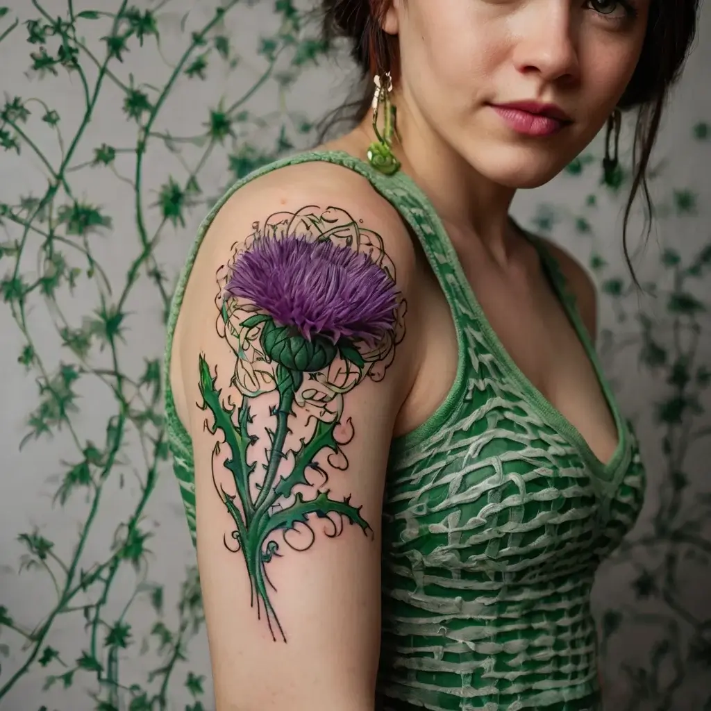 A vibrant tattoo of a purple thistle with detailed leaves and swirling vines, covering the upper arm and shoulder.