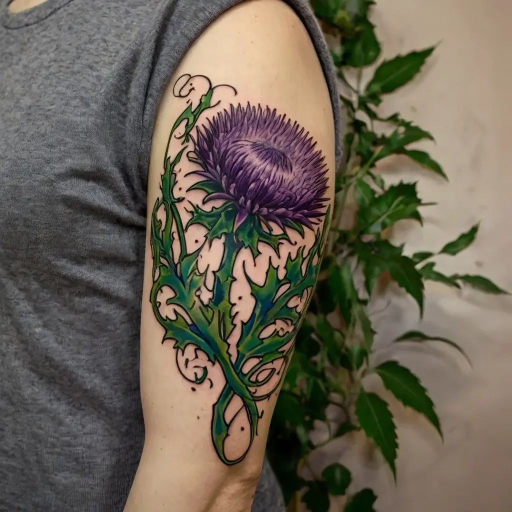 Tattoo of a vibrant purple thistle with lush green leaves on an arm, highlighting intricate details and delicate shading.