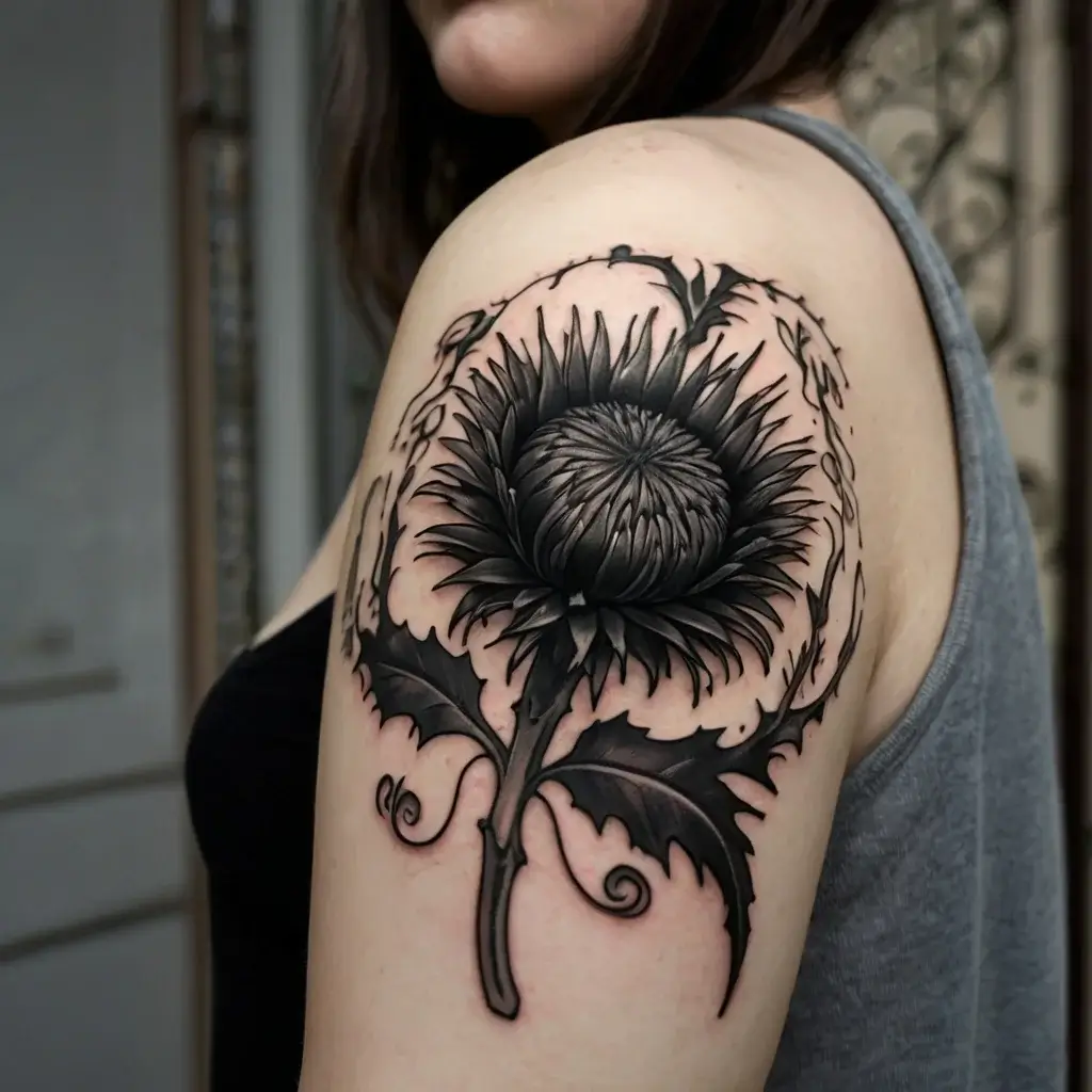 Black and grey tattoo of a detailed thistle flower with spiky leaves, elegantly wrapping around the upper arm.