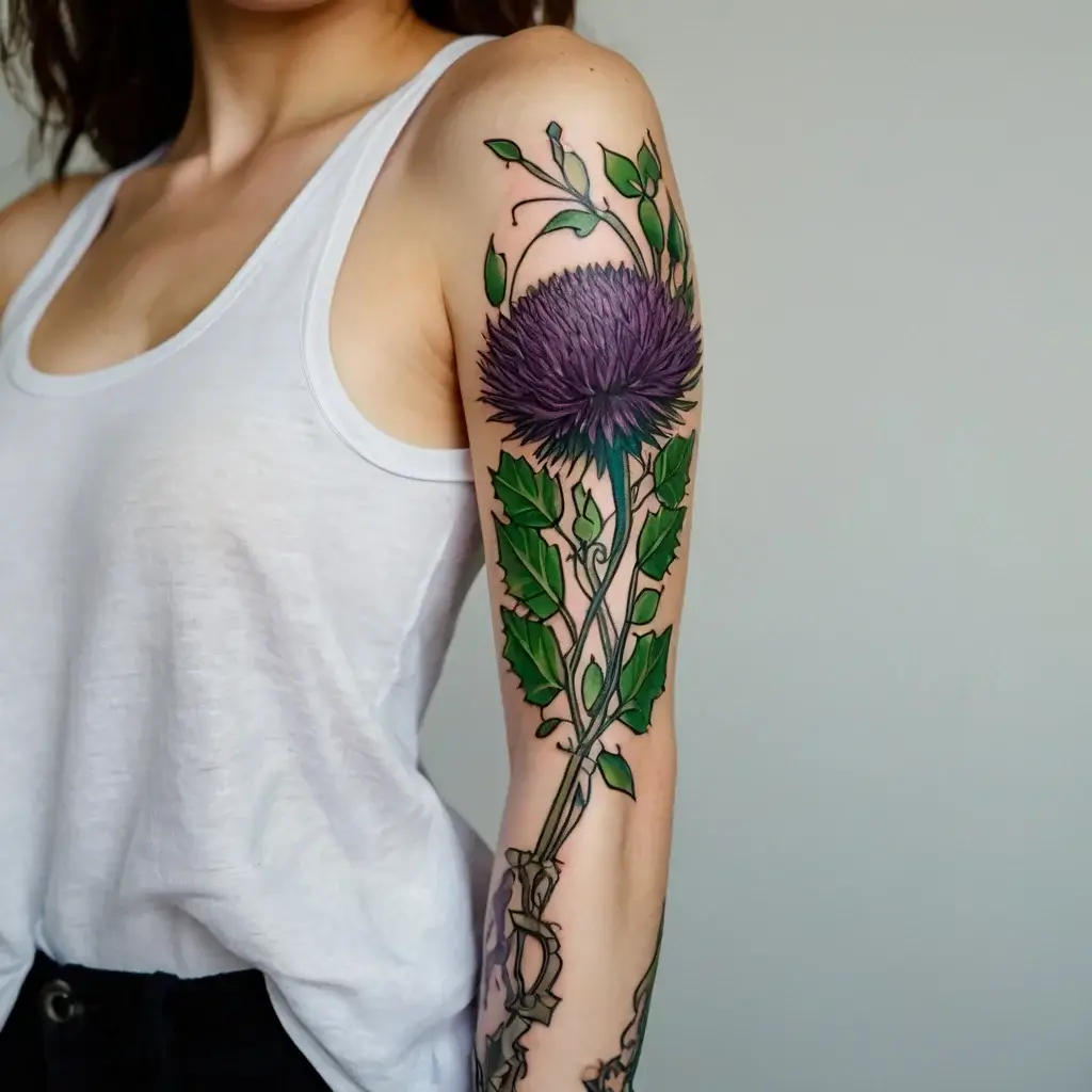 Tattoo of a vibrant purple thistle with detailed green leaves, extending along the arm in a realistic style.