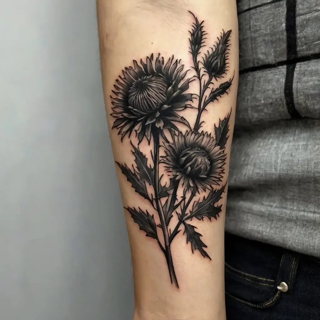 Black and gray tattoo of blooming thistle flowers, showcasing detailed shading and sharp leaves on the forearm.